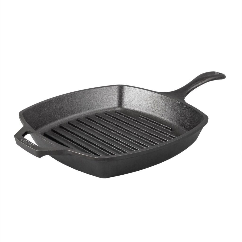 Lodge Poêle Grill Carrée en Fonte Pré-culottée 26,7 cm avec Support Silicone